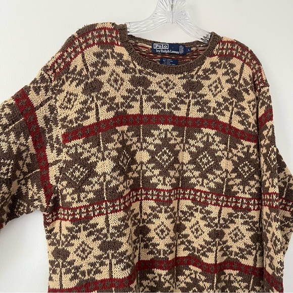 Vintage Polo Ralph Lauren Hand Knit Geometric Fair Isle Grandpa Sweater Brown L - Picture 2 of 9